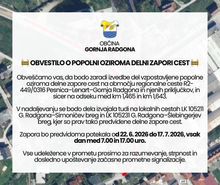 OBVESTILO O POPOLNI OZIROMA DELNI ZAPORI CEST - R2-449/0316 Pesnica–Lenart–Gornja Radgona