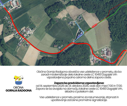 Zapora ceste v Zagajskem Vrhu zaradi modernizacije dela lokalne ceste