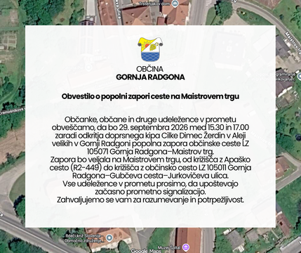 Obvestilo o popolni zapori ceste na Maistrovem trgu