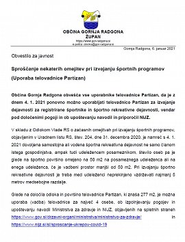 Obvestilo za javnost - odprtje TVD Partizan od 04.01.2021